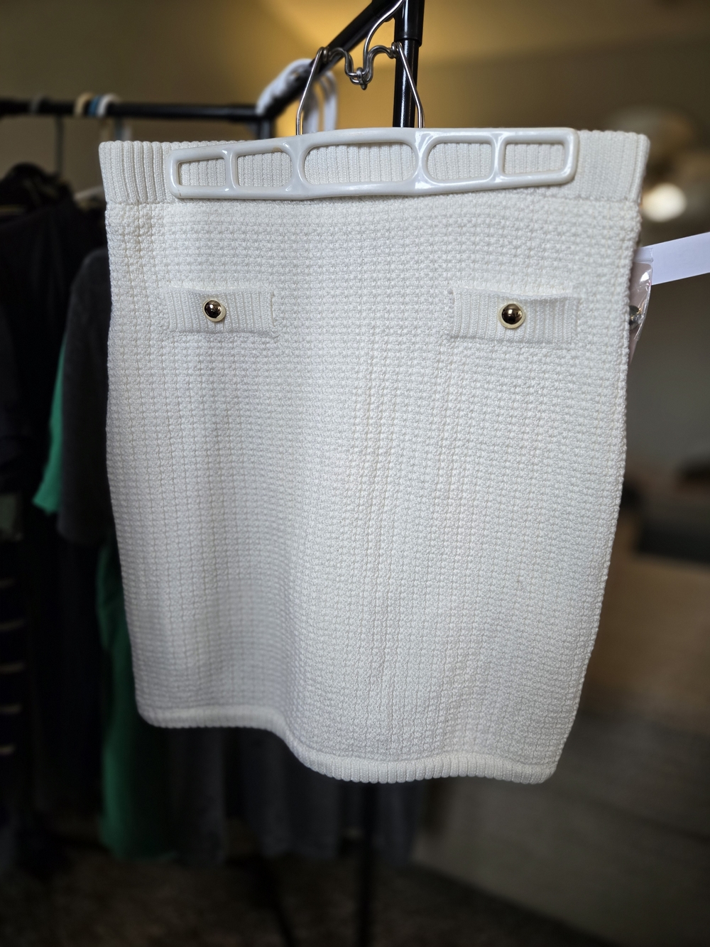 French Connection Cream Textured Knit Mini Skirt with Gold Buttons